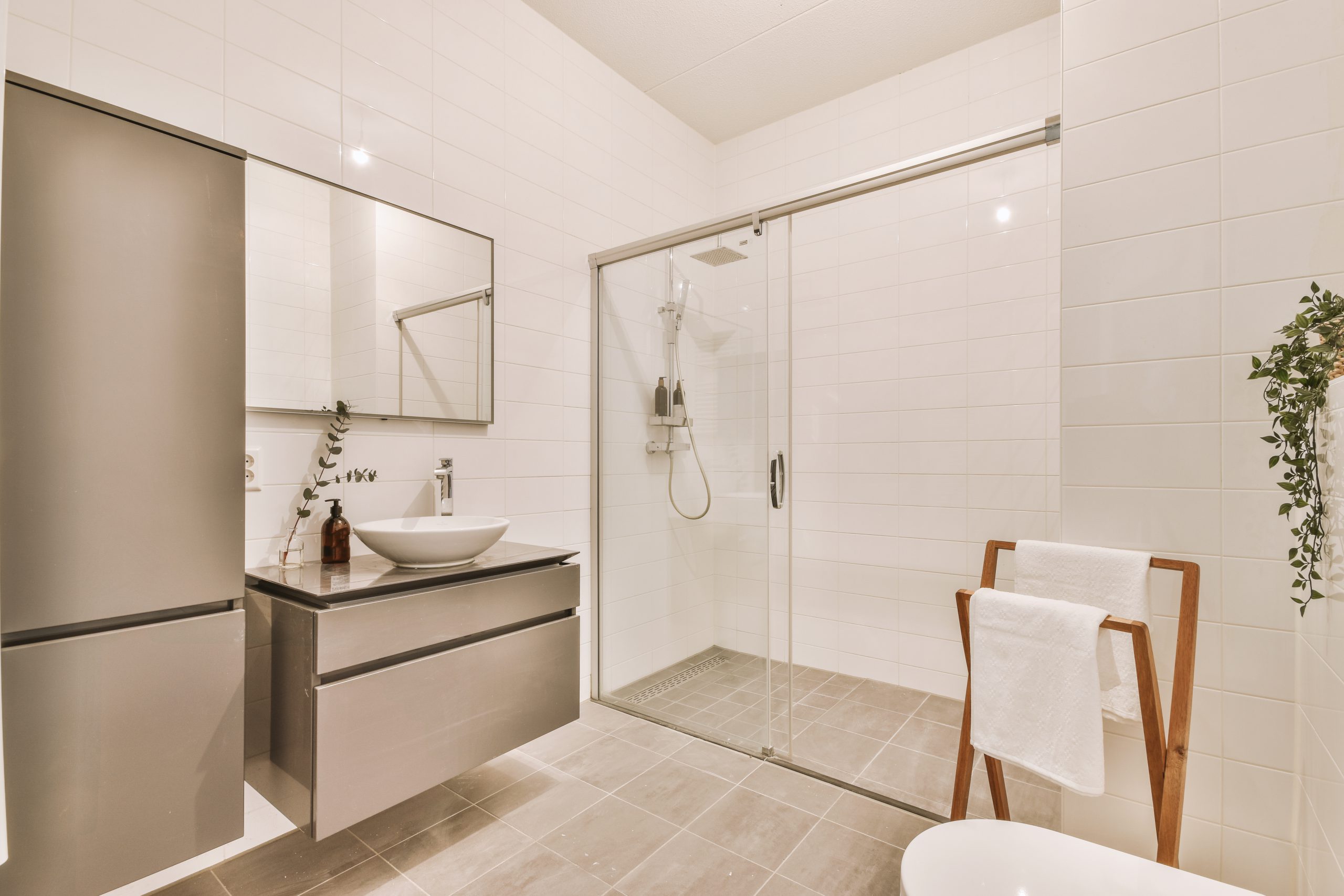 Bathroom With Grey Silver Cabinets