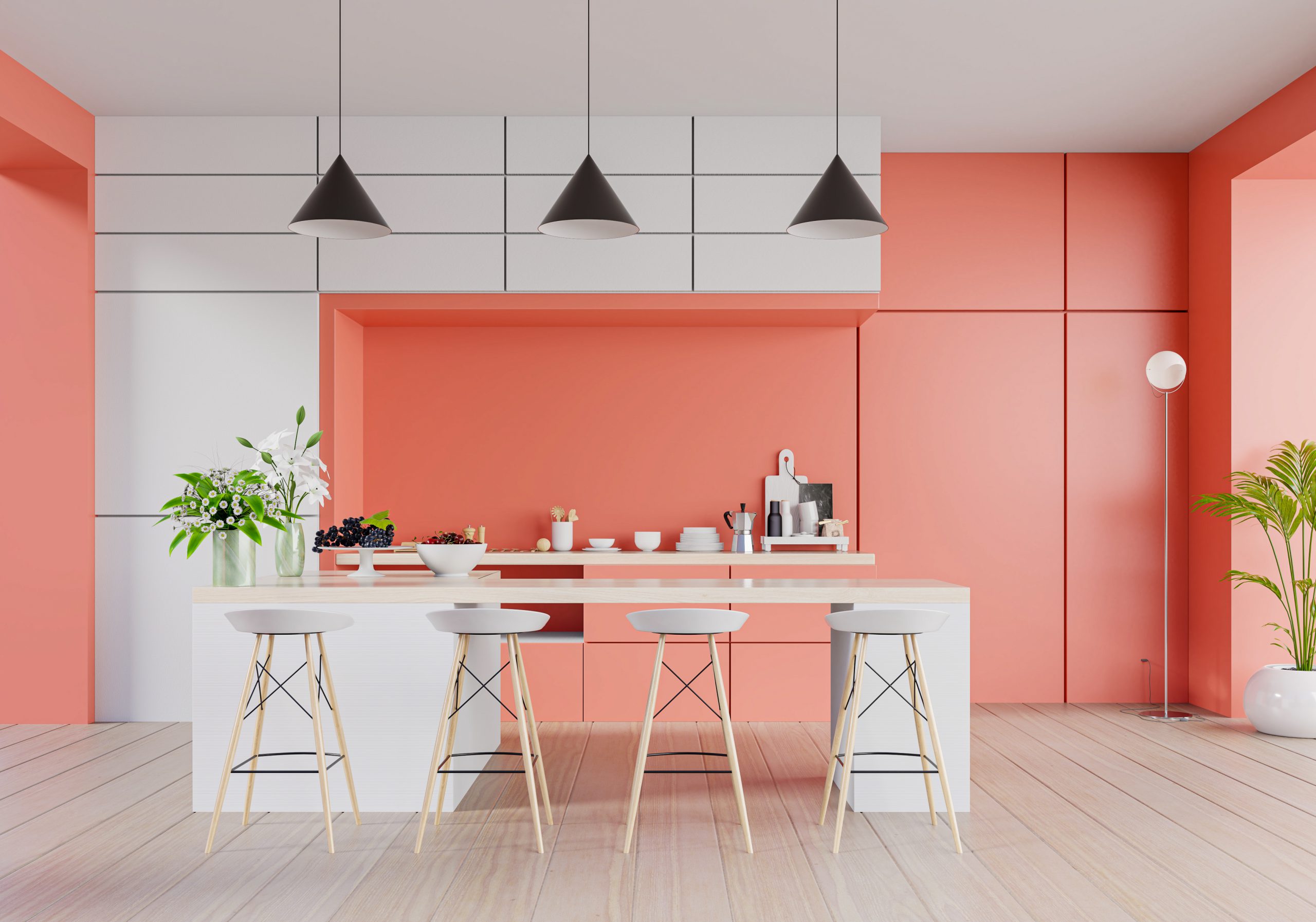 Kitchen Interior With Living Coral Color Wall On Living Coral Color.
