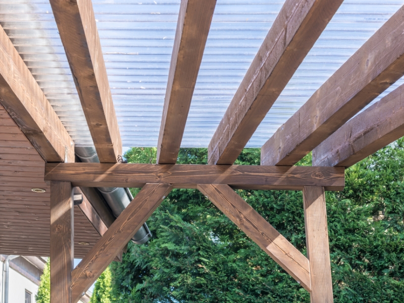 Canopy Of A Terrace Made Of Wood And Transparent Corrugated Sheets